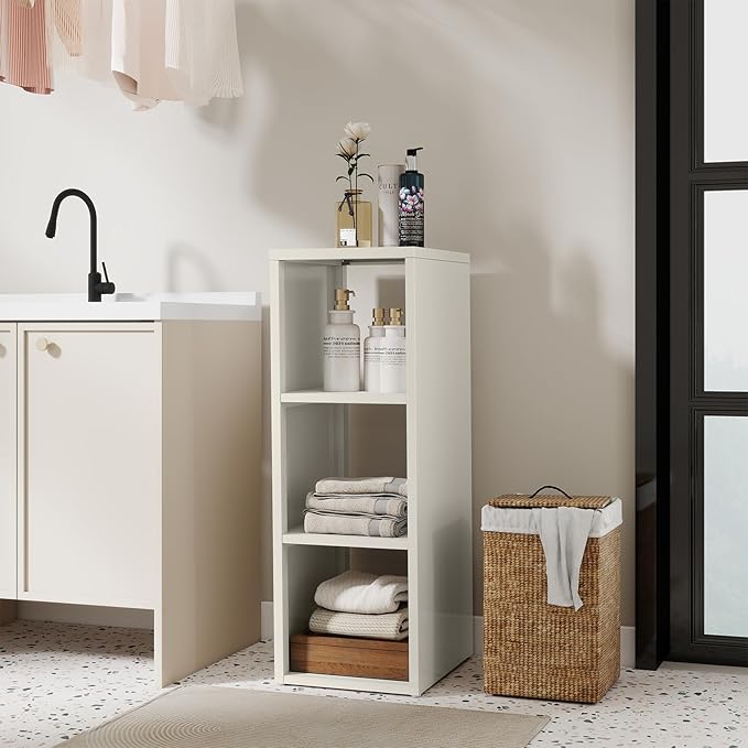 IRONMIX Metal 3 Cube Storage Organizer, Short White Bookshelf with Storage Cabinet, Narrow Nightstand, Modern Cube Storage Shelf Slim Bedside Table for Small Places, Living Room, 15 min Assembly