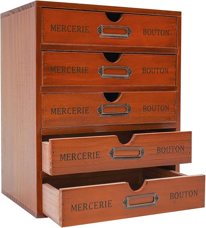 Vintage Wooden Drawers Organizer, 16-Drawer Desktop Storage Box With Drawers, Iron Label Holders, Apothecary Cabinet For Countertop Tea Coffee Pod Storage(5-Drawer/Brown)