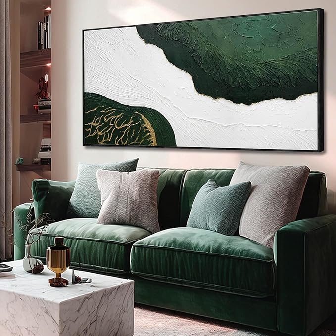 Abstract Canvas Paintings Line Framed Wall Decor Green and White Hanging Art 24"x48" Artwork for Bedroom Kitchen Office