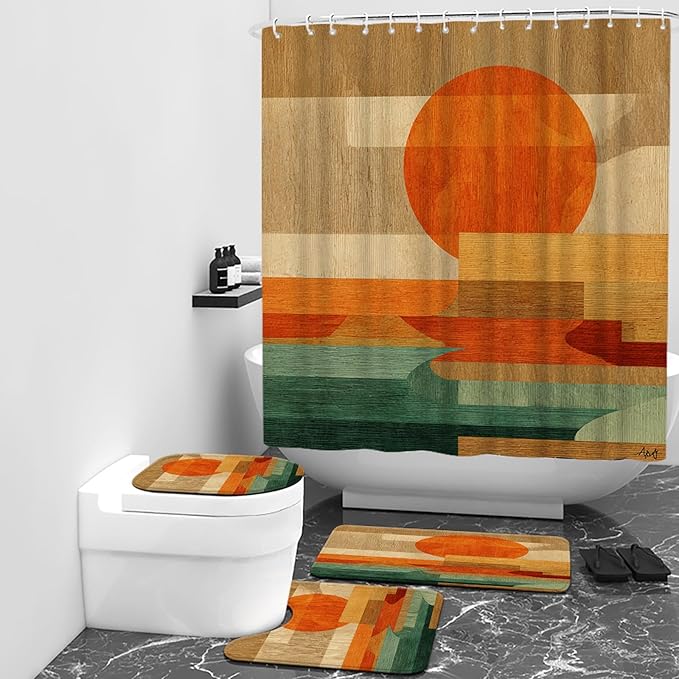 4 Pcs Geometric Wood Sunset Bathroom Set: Shower Curtain, Bath Mat, Toilet Lid Cover & Rug - Abstract Landscape Print with Hooks for Mid-Century Modern Ambiance