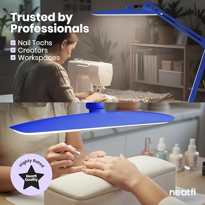 Neatfi XL Nail Desk Lamp with Clamp, 2200 Lumens, 20-Inch Wide Head, Dimmable 4 Levels, 6500K, LED Task Light for Manicure Table, Crafts, Workbench, Office (Non-CCT, Sapphire Blue)