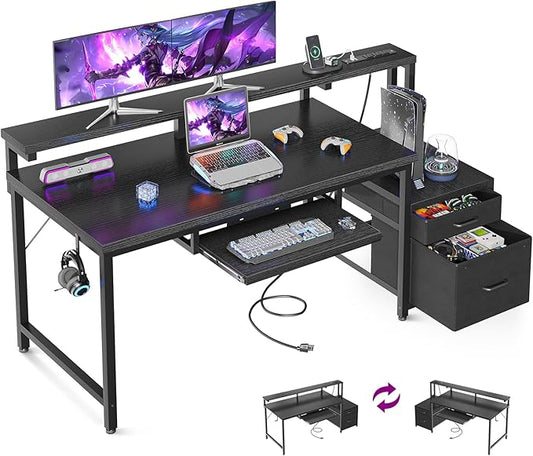 AODK Computer Desk with Drawers, 55" Office Desk with Keyboard Tray and Power Outlet, Reversible Study Work Desk with Printer Space and File Drawers Cabinet for Home Office, Black