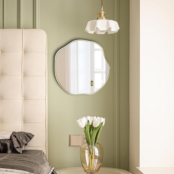 POZINO Irregular Shaped Mirror, 16" Asymmetrical Mirror, Gold Scalloped Rounded Mirrors, Modern Frameless Abstract Mirrors for Living Room Bedroom Bathroom Entryway Fireplace Hallway