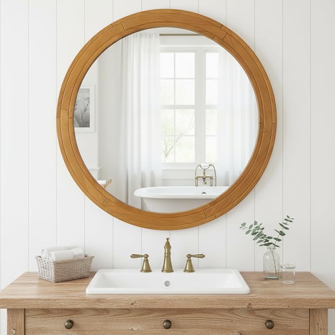 ZIYOO 30 Inch Round Wood Wall Mirror, Farmhouse Rustic Circle Mirror, Wall Mounted Decorative Mirror for Bathroom Vanity, Living Room, Entryway, Bedroom, Vanity, Hallway