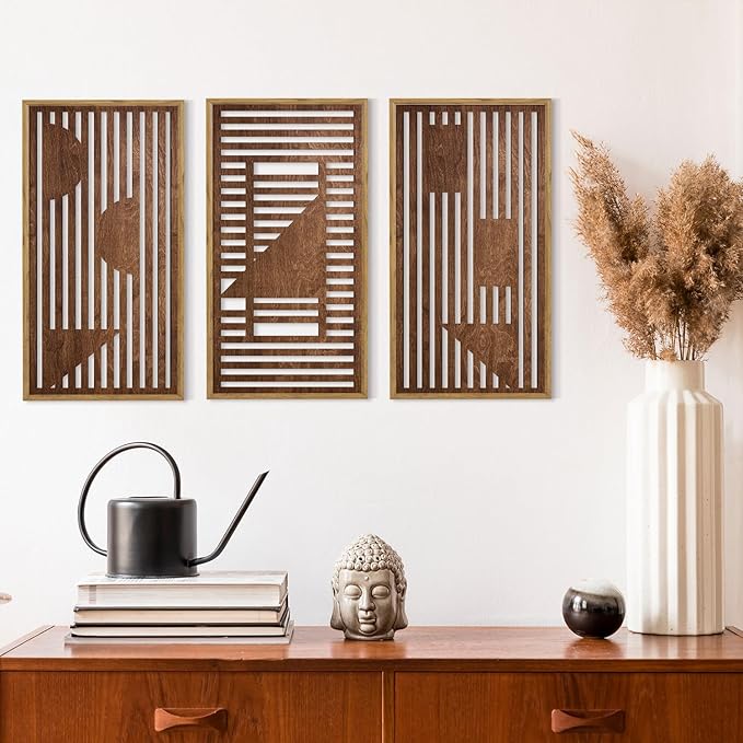 HPNIUB 3PCS Wooden Geometric Wall Decor, Modern Stripes Wood Design Wall Sculpture for Living Room, Vintage Minimalist Mid Century Rectangle Wood Sign Geometry Artwork for Home Bedroom(8x16Inch)