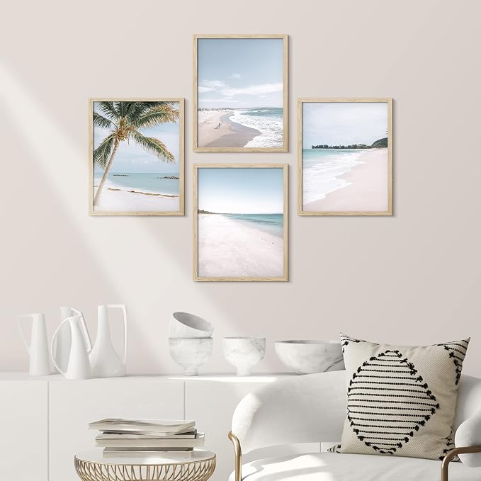 SIGNWIN Framed White Beach Shore Tropical Palm Tree Island Wall Art, Set of 4 Landscape Colorful Wall Decor Prints, Nature Wilderness Wall Décor for Living Room, Bedroom - 8"x10" Natural