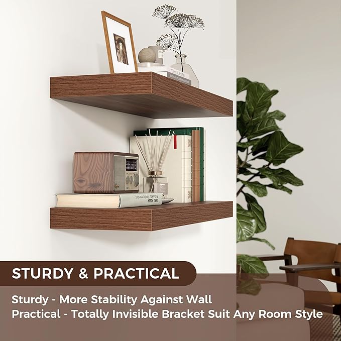 Floating Shelves for Wall, Engineered Wood Wall Shelves with Invisible Brackets for Living Room Bedroom Bathroom Office Kitchen Decor and Storage (Walnut, 24" W x 9" D x 1.5" H) Set of 2