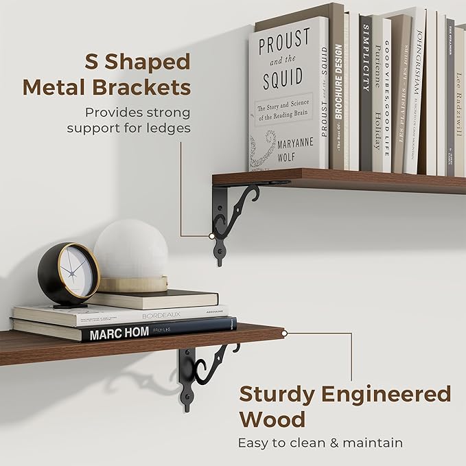 RICHFOCUS Floating Shelves for Wall Decor, 8 Inch Deep Shelves Set of 2, 16W x 8D Floating Shelves Wall Mounted with Metal Brackets, Rustic Wood Shelves for Living Room Bedroom Kitchen, Walnut