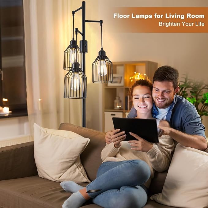 Dimmable Industrial Floor Lamp with 3 Cage Heads, 68.5" Black Tree Standing Lamp with Stepless Dimming, Modern Farmhouse Tall Pole Light for Living Room, Bedroom, Office, E26 Base (Bulbs Included)