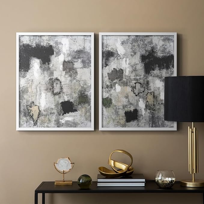Renditions Gallery Set of 2 Peel & Stick Framed Prints, Abstract Wall Art, Hand Painted Black and White Pattern Wall Decor, Re-Stickable - Ready to Hang - 11"x14" - White Frame LT588