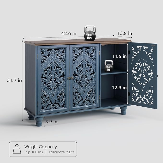 JOINICE Accent Cabinet with 3 Carved Doors, Distressed Sideboard Buffet with Storage & Solid Wood Legs, 43" Vintage Console Table for Living Room,Entryway,Coffee Bar,Hallway(Blue & Walnut)