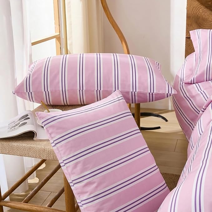 Merryword Striped Duvet Cover Set Queen Size - 100% Cotton Duvet Cover Set, Purple Ribbon Stripes Pattern Comforter Cover 3 Pieces, Soft Linen Like Bedding Set for All Seasons