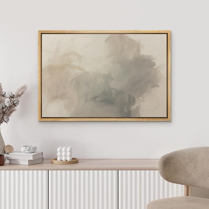 MUDECOR Framed Canvas Print Wall Art Calm Beige Modern Abstract Cloud Form Illustrations Minimalism Decorative Bohemian Zen for Living Room, Bedroom, Office - 16"x24" NATURAL