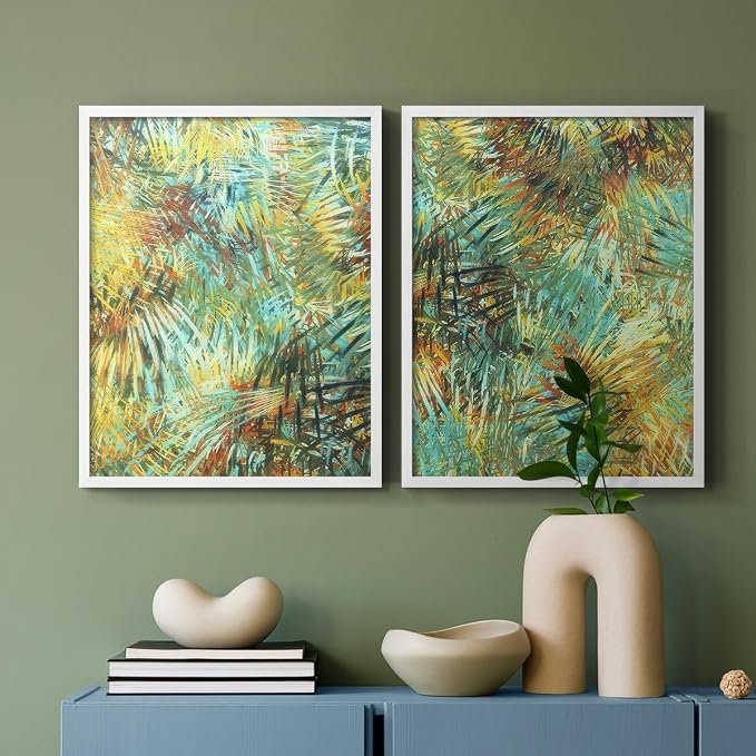 Renditions Gallery Set of 2 Peel & Stick Framed Prints, Nature Abstract Wall Art, Green Leafy Design Wall Decor, Re-Stickable - Ready to Hang - 11"x14" - White Frame LT588