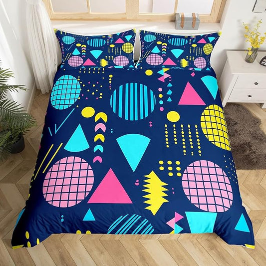 80s 90s Bedding Set Memphis Pattern Old Fashioned Comforter Cover King,Geometric Abstract Colorful Dots Funky Duvet Cover Retro Bed Set,Multicolor Cute Vintage Rainbow 80'S Style 1980S Home Decor