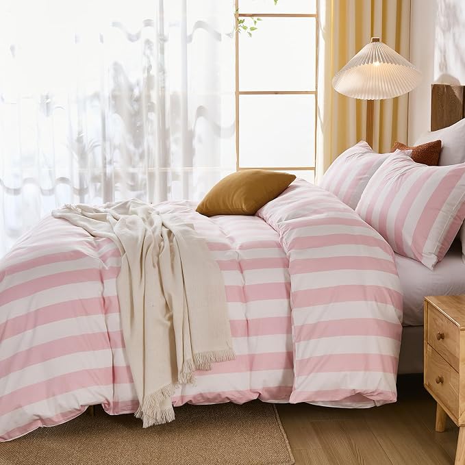 Merryword Pink and White Striped Duvet Cover Set King Size, 100% Cotton Bedding Set with Zipper Closure & 8 Corner Ties, Luxury Linen Like Bedding, Soft Breathable Comforter Cover for All Seasons