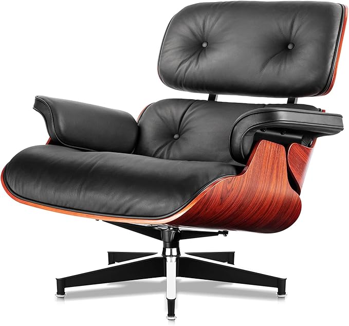 Top Black Grain Leather, Mid Century Chaise Lounge Chair and Ottoman, Modern Chair Classic Design, Red Rosewood, Heavy Duty Base Support for Living Room Study Lounge Office