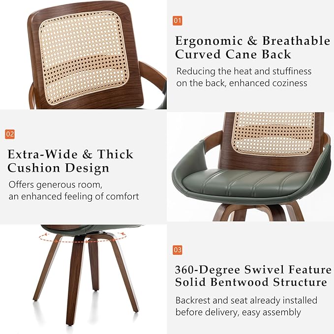 Set of 1 Swivel Rattan Dining Chair - Mid Century Modern Dining Chair with Bentwood Frame, Ergonomic Cane Back, Curved Arms, Faux Leather Swivel Chair for Kitchen/Restaurant (Walnut Green, Set of 1)