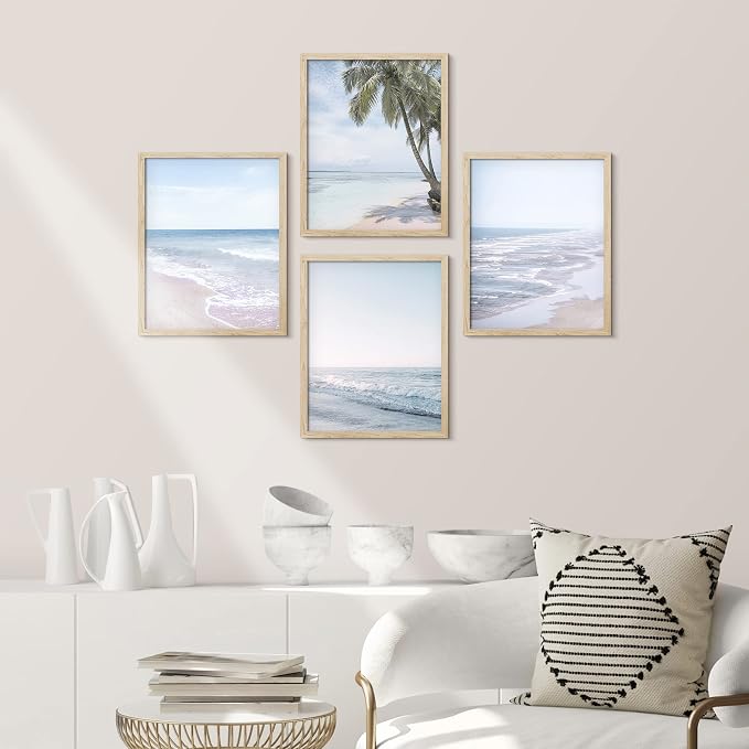 SIGNWIN Framed White Pastel Tropical Island Ocean Beach Shore Wall Art, Set of 4 Landscape Colorful Wall Decor Prints, Nature Wilderness Wall Décor for Living Room, Bedroom - 8"x10" Natural