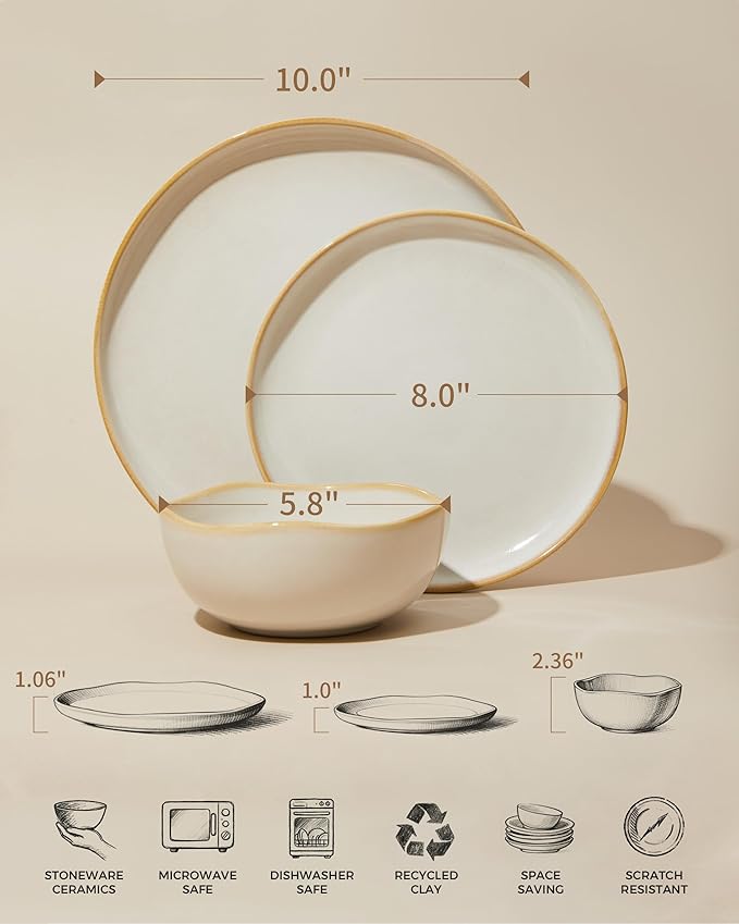 Plates and Bowls Sets for Family of 6, Ceramic Dinnerware Sets, Kitchen Dish Set, Microwave & Dishwasher Safe Dishware, Highly Durable Reactive Glazed Dinner Set, Yellow White