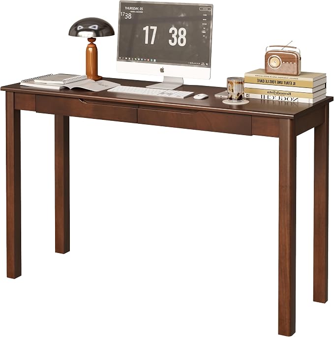 Solid Wood Desk with Drawers - 47 x 16 Inch Vintage Narrow Desks, Mid Century Modern Desks, Rubber Wood Study Table, Small Writing Desk for Bedroom|Small Spaces - Walnut Color