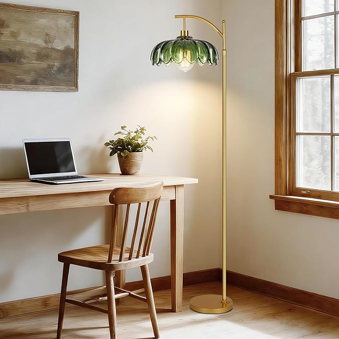 Glass Floor Lamp for Living Room,Bedroom,Mid Century Modern Standing Lamp with Remote,Dimmable Gold Tall Lamp Green Vintage Retro Arc Flower Floor Light Boho Bohemian
