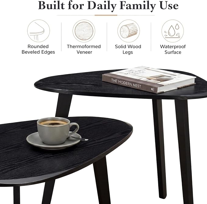 Nesting Coffee Table Set of 2-Mid Century Modern Wooden Coffee Table,Guitar Pick Stacking Tables with Solid Wood Legs,Small Coffee Tables for Small spaces,Living Room,Apartment,Balcony (Black)