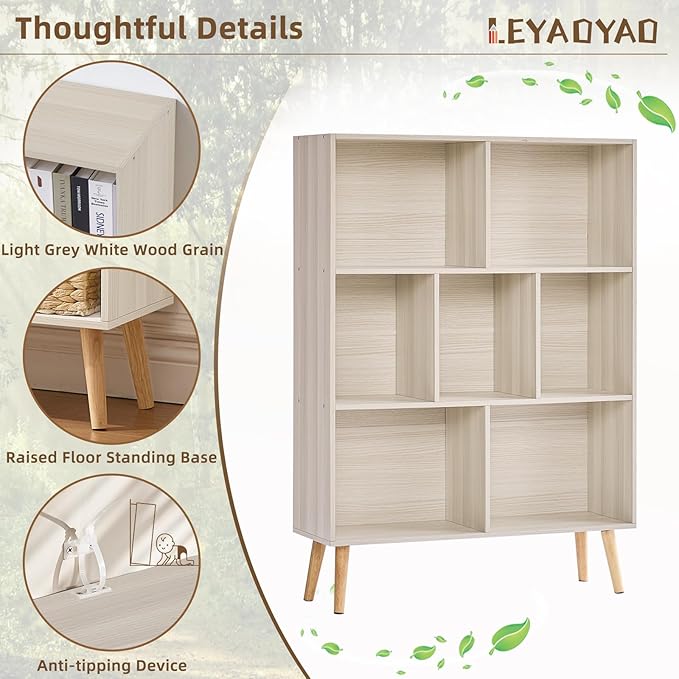 LEYAOYAO Cube Bookshelf 3 Tier Mid-Century Light Grey White Modern Bookcase with Legs,Retro Wood Bookshelves Storage Organizer Shelf,Freestanding Open Book Shelves for Bedroom,Living Room,Office