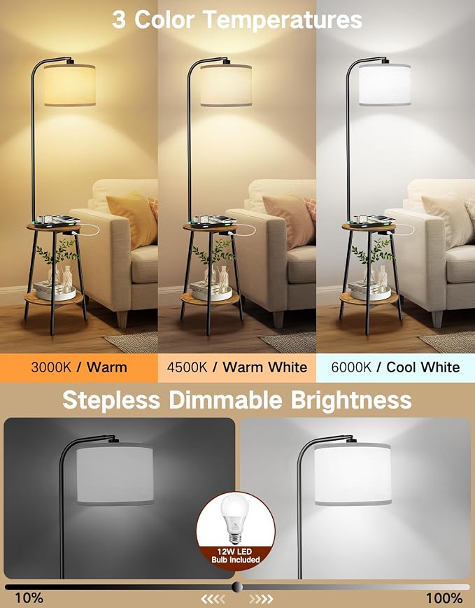 Floor Lamp with Round Table, Dimmable LED Standing Lamp with Remote, 3 Color Temperatures, Side Table with Charging Station, Space-Saving End Table for Living Room, Bedroom, Office