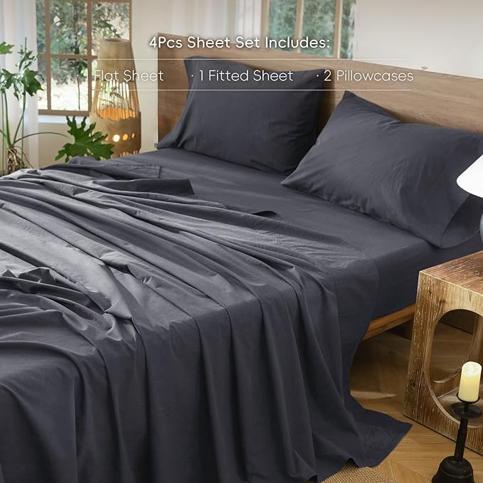 MooMee Bedding Sheet Set 100% Washed Cotton Linen Like Textured Breathable Durable Soft Comfy (Solid Deep Grey, Queen)