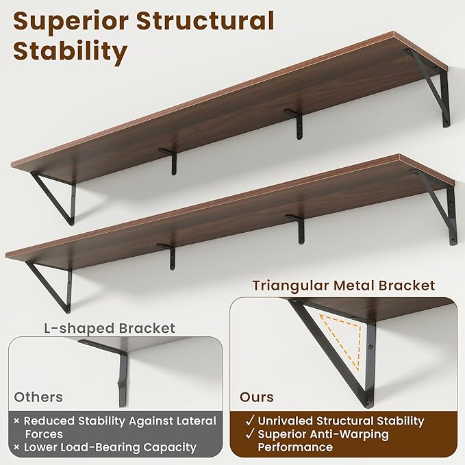 55" Long Wall Mounted Floating Shelves,8 inch Deep Floating Shelf with Metal Brackets Set of 2,Easy-to-Install Wall Decor Storage Ledges for Living Room,Bathroom,Bedroom,Kitchen,Office,Walnut