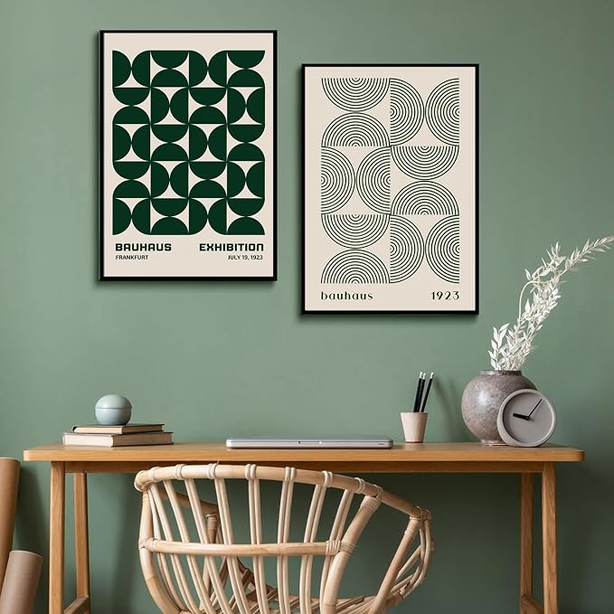 2Pcs Bauhaus Mid Century Modern Wall Art Retro Exhibition Posters Prints Green Boho Geometric Abstract Minimalist Wall Decor Pictures for Bedroom iving Room Dining Room UNFRAMED (Green, 12x16in)