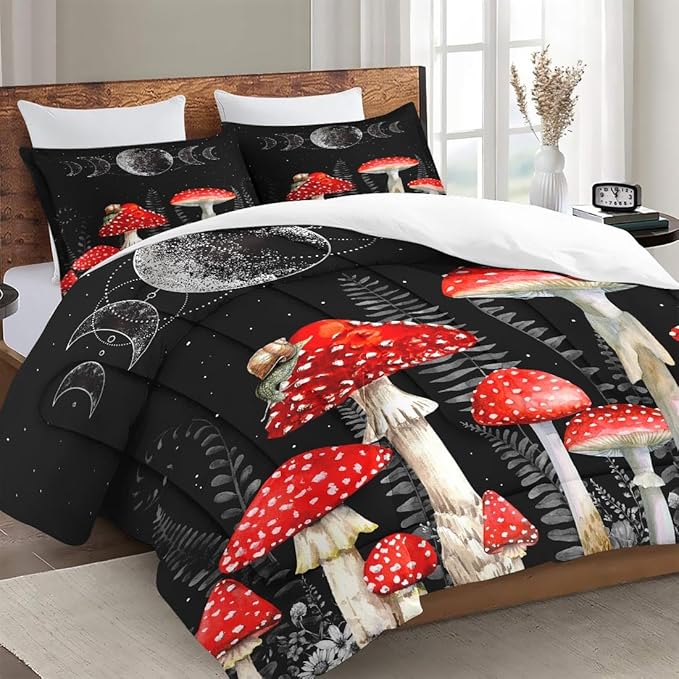 WeCozy King Size Comforter Set with 2 Pillowcases, Mushroom Wildflower Dandelion 3 Pcs Bedding for Kids and Adults, Flower Summer Moon Phases Soft Comforter Set for Bedroom Bed Decor