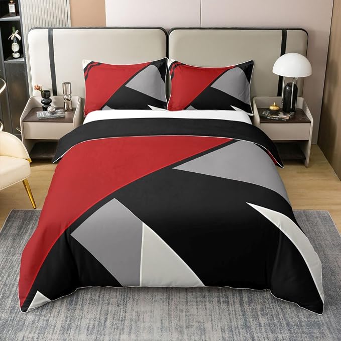 Erosebridal Red Black Grey Art 100% Cotton Duvet Cover Full Geometric Patchwork Bedding Set for Kids Teens Adults Triangle Print Comforter Cover Modern Aesthetics Bed Set 3 Pcs