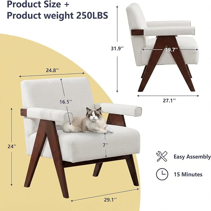 AODAILIHB White Mid Century Modern Accent Chair, Solid Wood Frame White Linen Armchairs, Modern Reading & Living Room Chairs for Office Guest & Waiting Room
