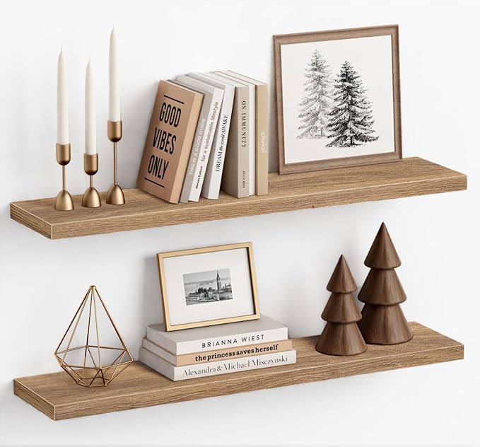 Light Wood Floating Shelves for Wall 36 Inch x 8 Deep, Extra Large Wall Shelf for Bedroom Living Room Books, Long Hanging Shelves for Office Bookshelf Art Decor (Light Brown Color, Set of 2)