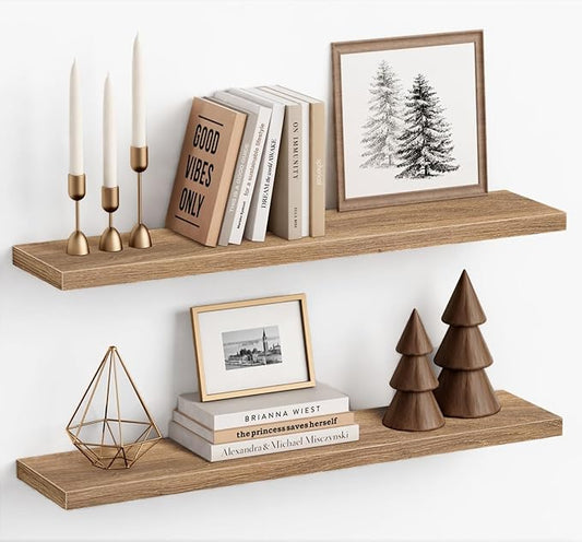 Light Wood Floating Shelves for Wall 36 Inch x 8 Deep, Extra Large Wall Shelf for Bedroom Living Room Books, Long Hanging Shelves for Office Bookshelf Art Decor (Light Brown Color, Set of 2)