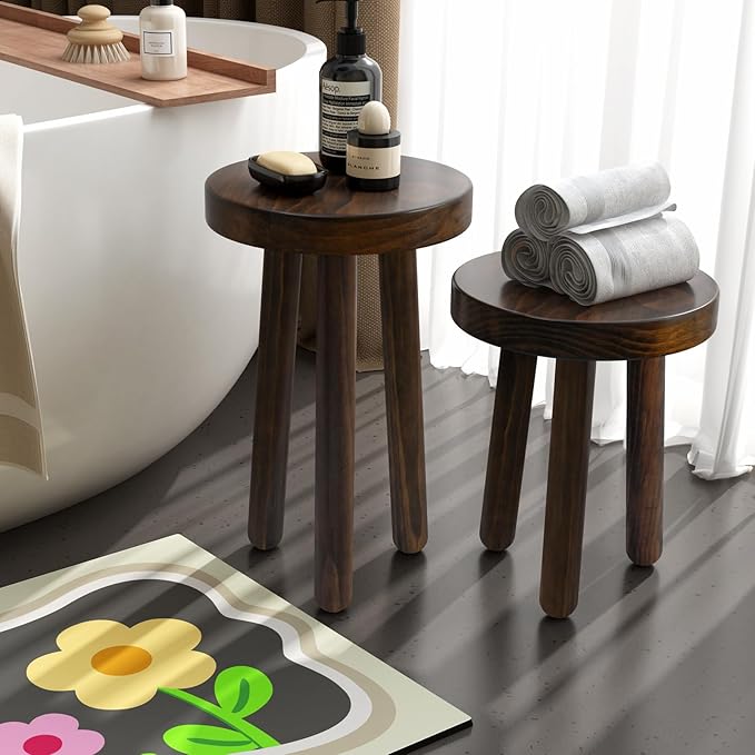 Wood Plant Stand Set of 2 (18+16" Tall) - Dark Walnut Round Solid Wood Plant Stand, Side Table, or Bathroom Stool - Heavy Duty Stool for Small Spaces