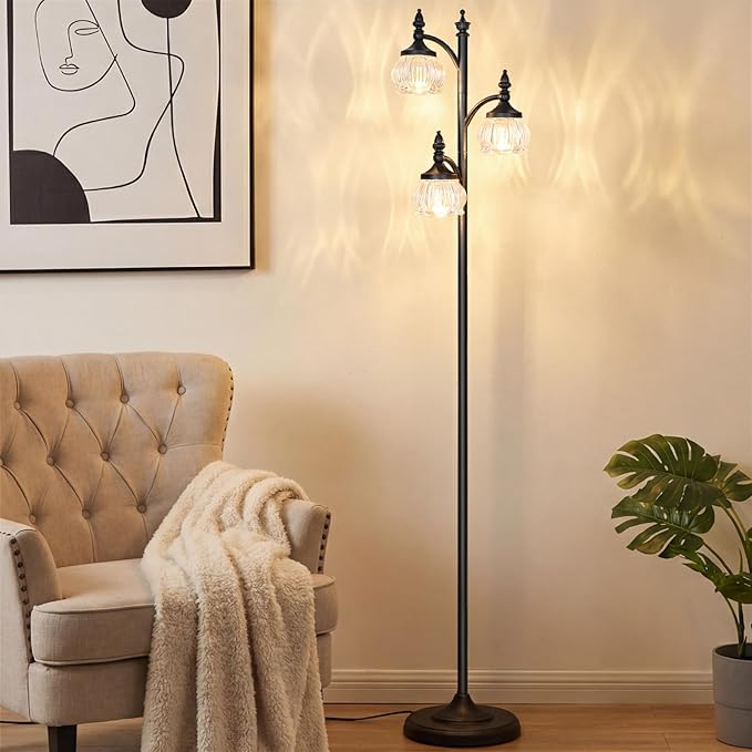 JUNNAI Black Standing Lamps for Living Room 66.5in Floor Lamps with Glass Shade 3 Way Brightness Lights Dimmable Modern Corner Lamp for Bedroom Office(3LED Bulbs Included)