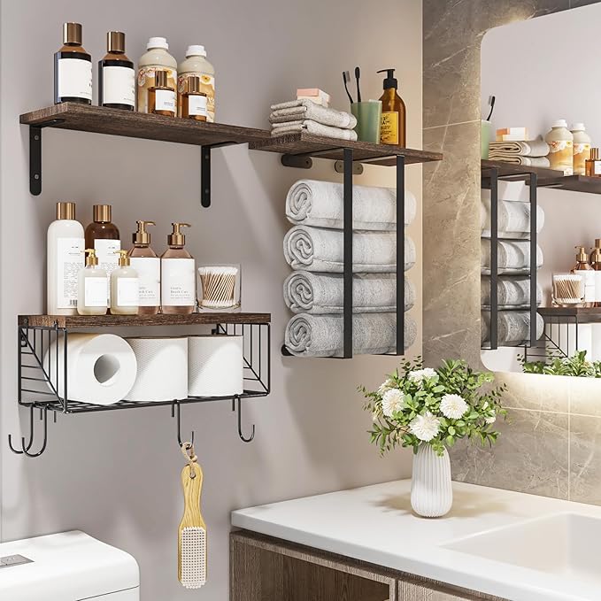 Fixwal Bathroom Floating Shelves Over Toilet Wall Shelves Set with Towel Storage Rack for Bathroom Organization & Wall Decor(Brown)