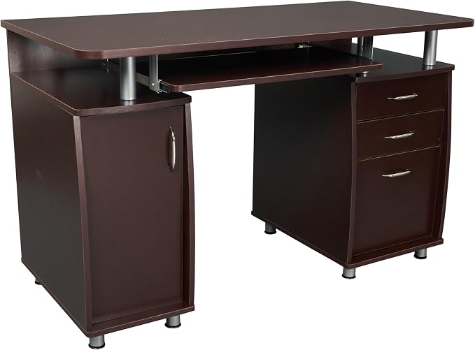 Techni Mobili 48'' W Computer Desk with File Cabinet and Drawers, Storage Cabinet with Removable Shelf and Ventilation for CPU, Home Office Desk or Computer Workstation with Keyboard Tray, Chocolate