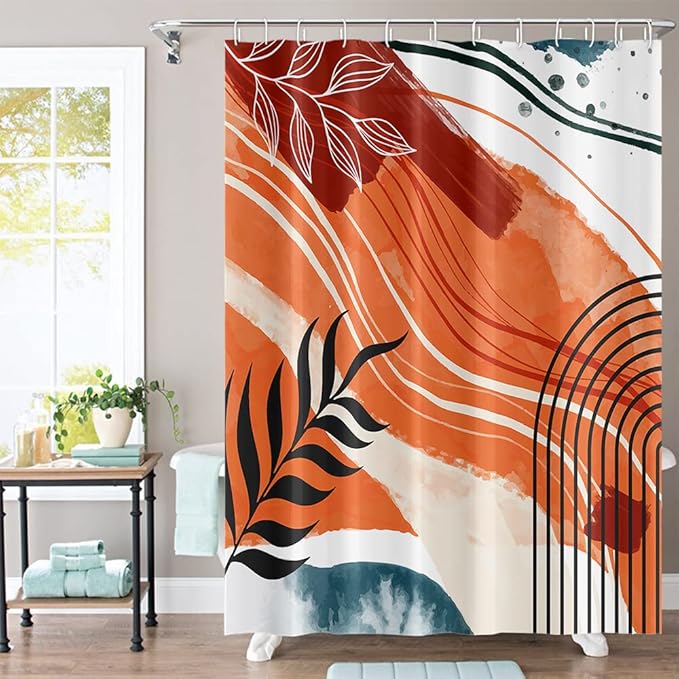 Mid Century Boho Shower Curtain 72Wx78H Eucalyptus Leaves Coral Color Pattern Shower Curtains Modern Minimalist Aesthetic Art Fabric Waterproof for Bathroom Decor 12 Plastic Hooks