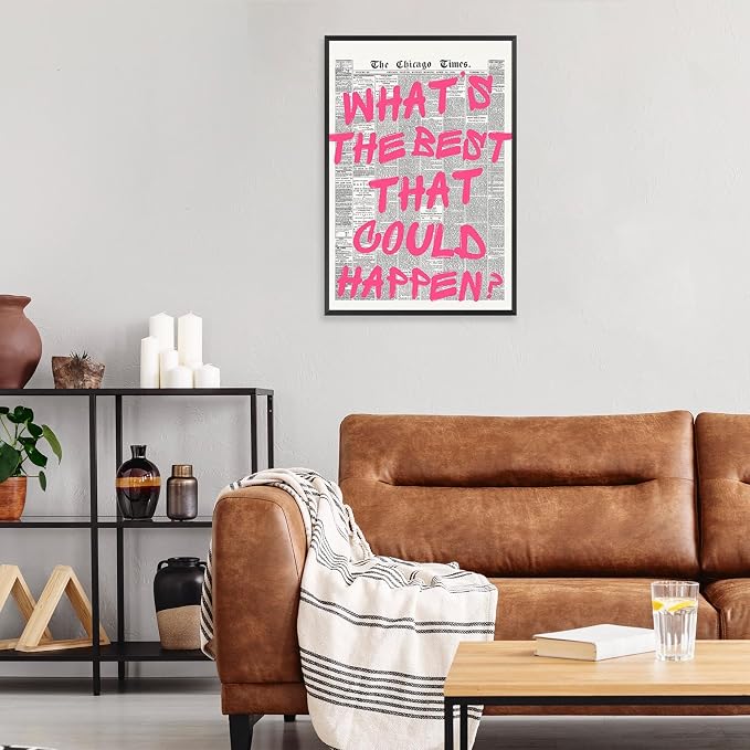 Whats The Best That Could Happen Wall Art Retro Newspaper Pink Font Canvas Poster Positive Affirming Quote Minimalist Prints Painting For Home Bedroom Dorm Wall Decor Aesthetics 16x24in Framed