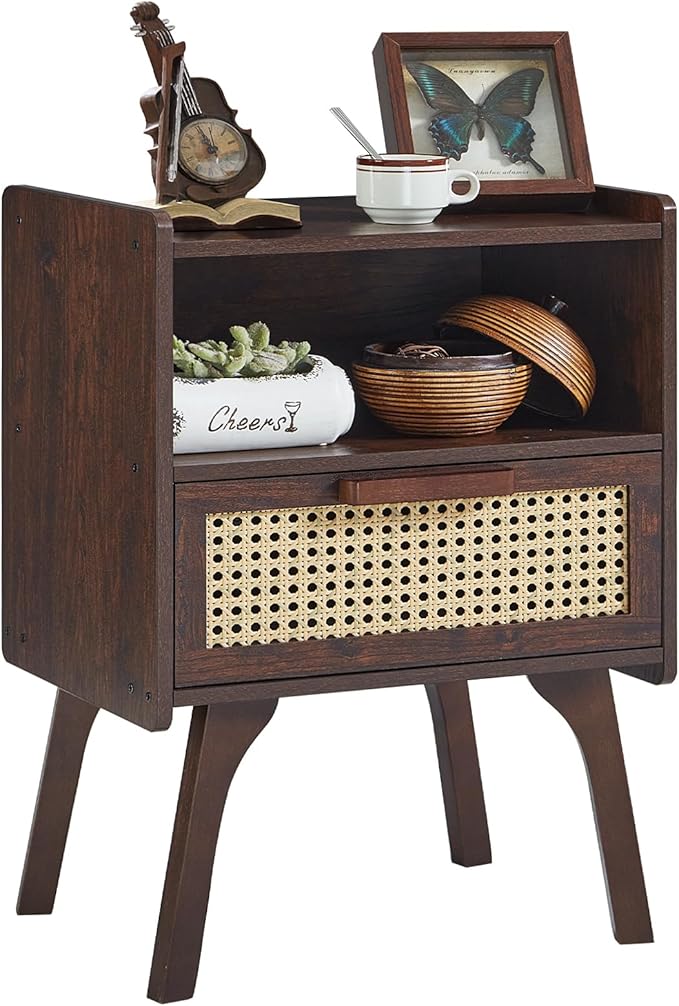 Lerliuo Rattan Nightstand, Bedside Table with Drawer Open Shelf, Cane Accent Side End Table with Solid Wood Legs, Walnut Vintage Night Stand for Bedroom, Dorm and Small Spaces