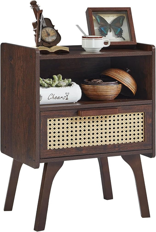 Lerliuo Rattan Nightstand, Bedside Table with Drawer Open Shelf, Cane Accent Side End Table with Solid Wood Legs, Walnut Vintage Night Stand for Bedroom, Dorm and Small Spaces