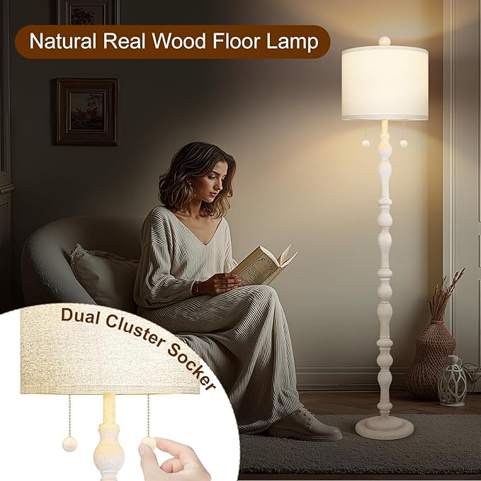 65.5” Natural Real Wood Floor Lamp for Living Room Bedroom, Dual S Cluster Socket, Pull Chains Switch, Farmhouse Tall Standing Lamp with Linen Shade for Home Room Decor (Bulbs Included)