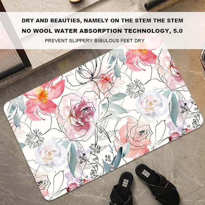 Bath Mat Rug,Pink watercolor peonies Non Slip Quick Dry Super Absorbent Thin Bathroom Rugs Fit Under Door-Easy to clean Bathroom Floor Mats-Shower Rug for Shower Sink Bathtub(17" x 27.5"In)