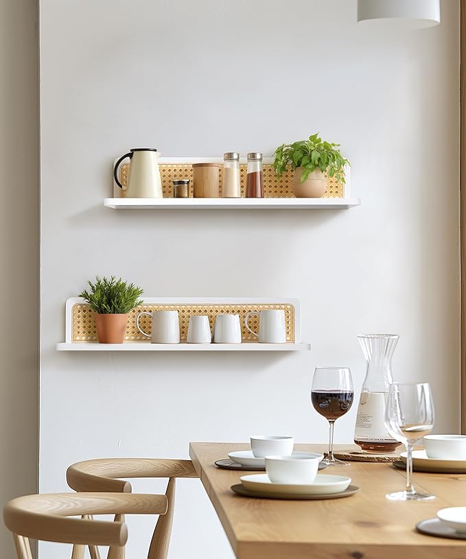 Rattan Wall Shelf 24inch Set of 2, Handmade White Floating Shelves Boho Wall Decor, Rustic Wood Wall Mounted Storage Shelves for Living Room Nursery Bedroom