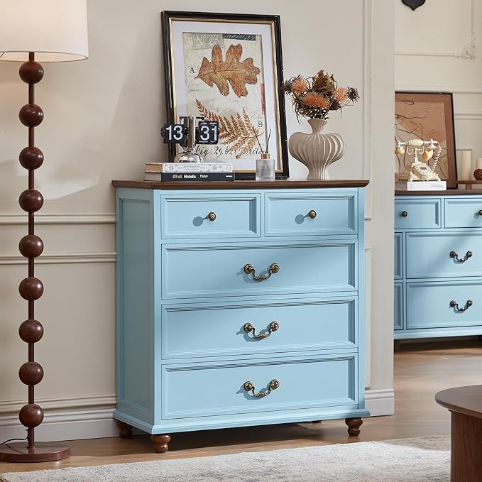 Farmhouse 5 Drawer Dresser Set of 2 for Bedroom, 35" Tall Rustic Chests of Drawers w/ 4 Solid Wood Feet, Mid Century Vintage Wooden Closet Storage Dressers Organizer for Living Room,Light Blue