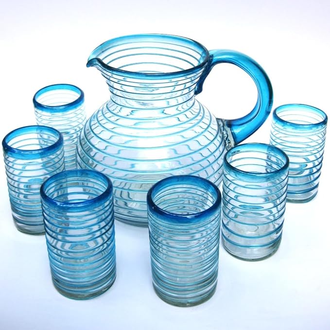 Aqua Blue Spiral 120 oz Pitcher and 6 Drinking Glasses set, Recycled Glass, Lead-free, Toxin-Free (Pitcher & Glasses)